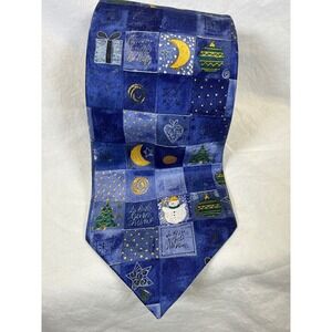 American Greetings Mens Blue Silk Christmas Holiday Snowman Patchwork Neck Tie